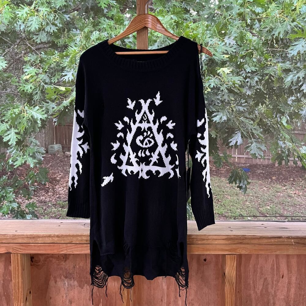 UNIF Ornate High Low Long Sleeve Distressed Mini Sweater Dress Sizes XS